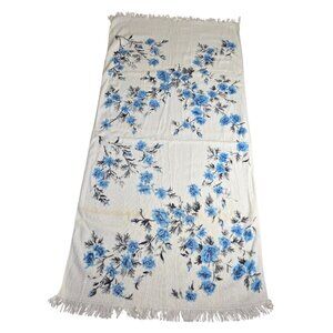 Vintage Bath Towel Blue Rose Floral Fringe Martex USA 23x47 70s Cottagecore Boho